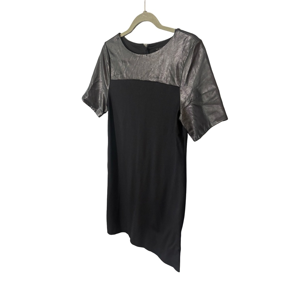 Ann Taylor Size 6 Black Mixed Media Faux Leather Ponte Shift Dress Short Sleeve‎ - Picture 2 of 6